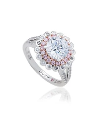 Suzy Levian New York Sterling Silver Cubic Zirconia Unique Double Halo Flower Proposal Ring