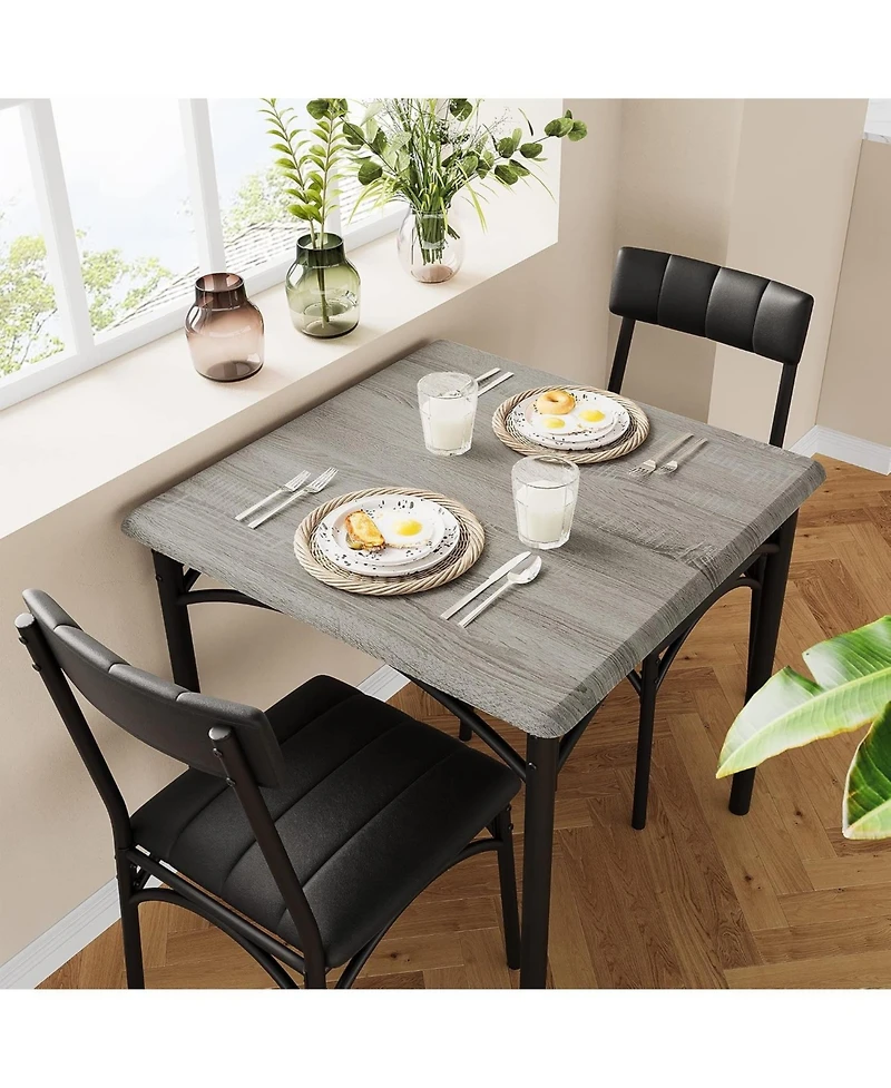 gaomon Modern Rustic Gray Square Dining Set, 29.2' L x W 30.1' H Table, 33.7' 18.4' 17' Chairs, 2 Person, Metal and Mdf, Easy Assembly, Space-Saving