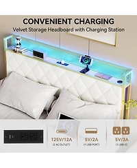 gaomon Platform Bed Frame with Led Light & Charging Station, Storage Headboard, Upholstered, Metal Slats, Noise Free, Easy Assembly