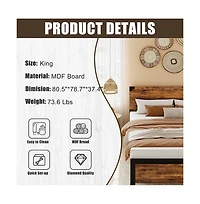 gaomon Platform Bed Frame with Wood Headboard, Rustic Metal, Noise Free, Underbed Storage, No Box Spring, Easy Assembly