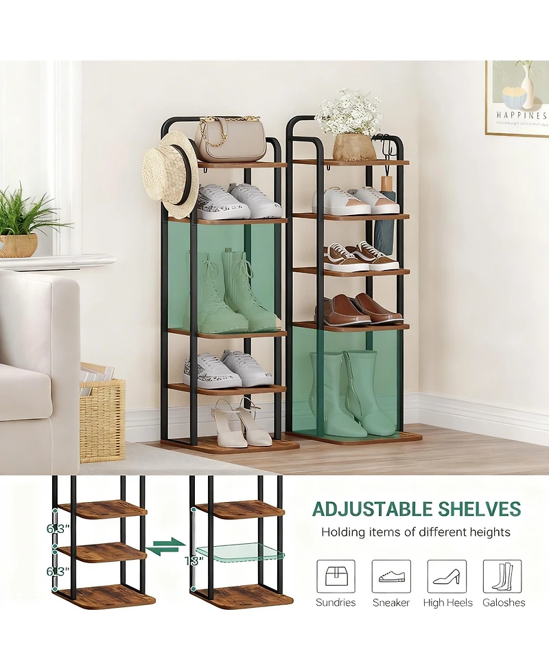 Yigii Vertical Shoe Rack Narrow Tower Adjustable Shelves 2 Hooks