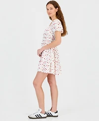 Kingston Grey Juniors' Floral Print Eyelet Puff-Sleeve Mini Dress