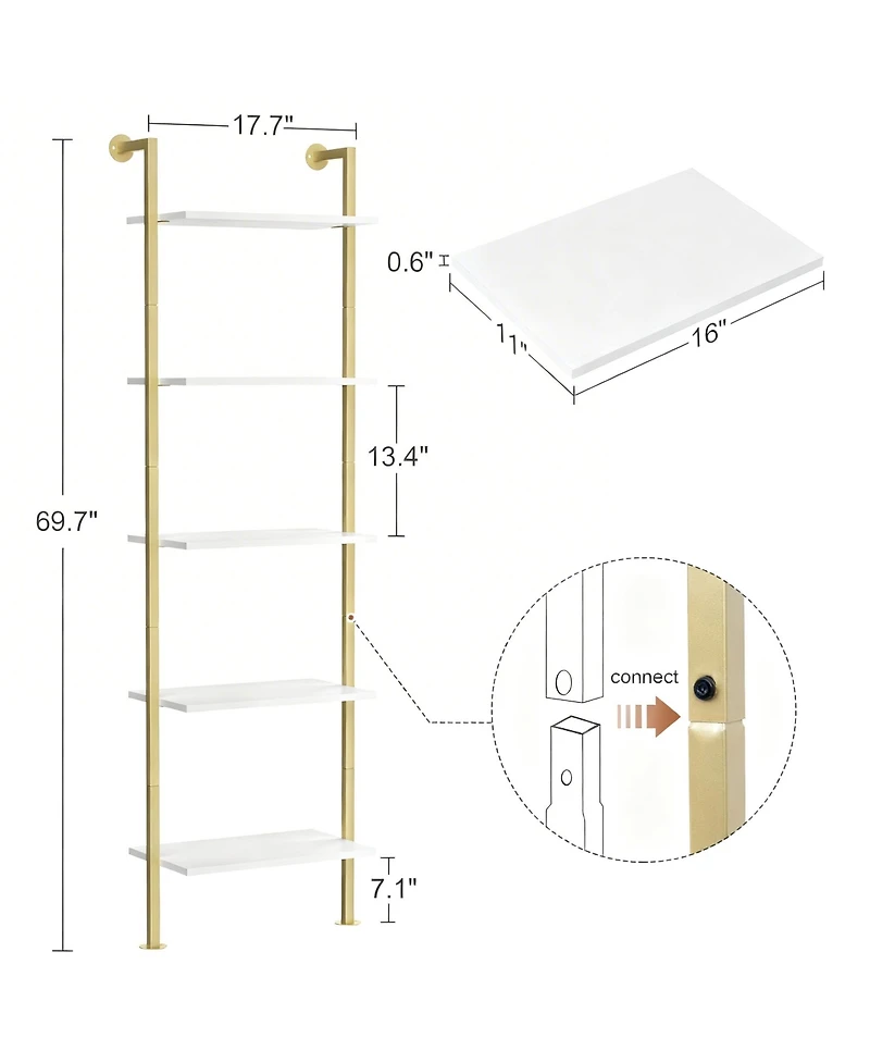 Yigii Ladder Bookshelf Wall-Mounted Solid Wood Industrial Storage Rack