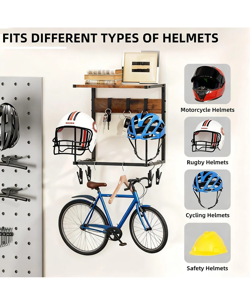 Yigii Helmet Wall Mount shelf Hat Stand Display Gear Storage Organizer Metal Wood