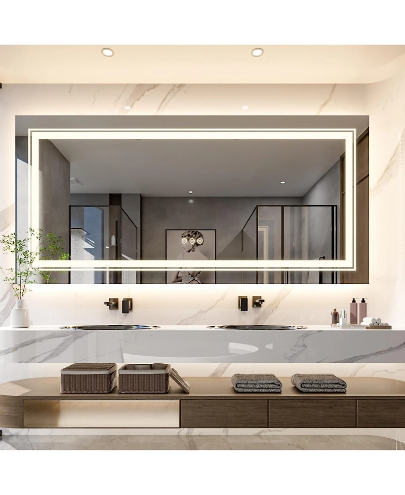 Luvodi 39.37x23.62 inch Square Led Bathroom Mirror Illuminated Dimmable 3 Colors Smart Touch