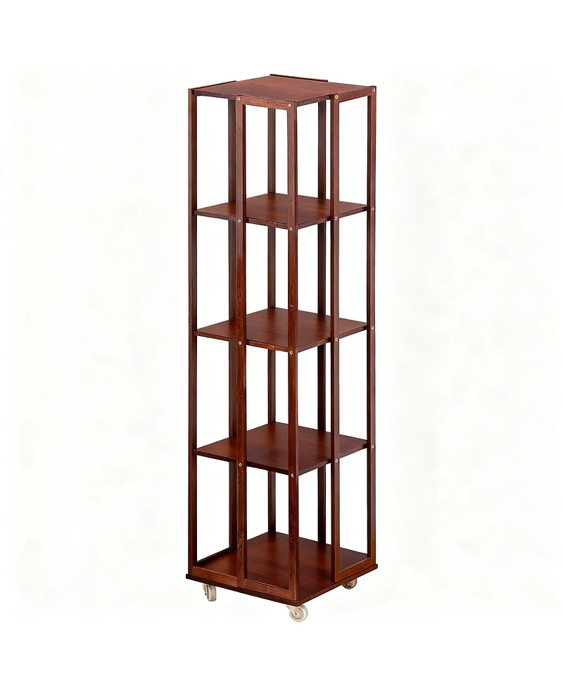 Yigii 5 Tier Bamboo Rotating Bookshelf with Wheels Storage Organizer 360degree(s) Rolling