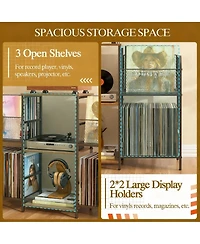 Yigii Record Player Stand Vinyl Storage 350+ Albums Power Outlets