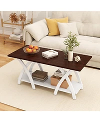 Sugift 40 Inch Farmhouse Wooden 2-Tier Coffee Table with Storage Shelf for Living Room