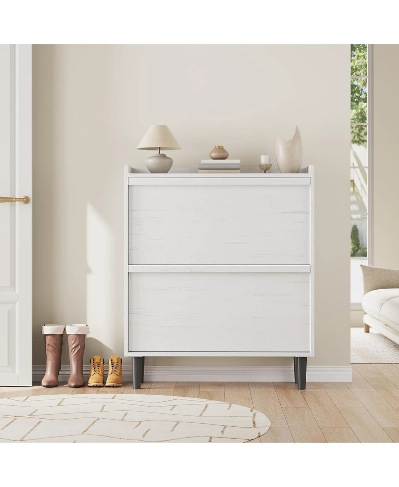 Homfan Shoe Cabinet with 2 Flip Drawers, Hidden Shoe Storage Organizer for Entryway, Wooden Shoe Rack