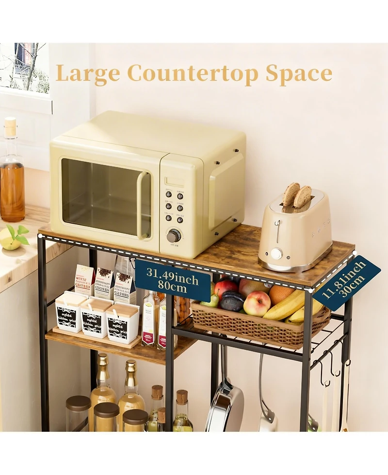 Yigii Microwave Stand Coffee Bar 3 Shelves 6 Hooks Kitchen Storage Organizer