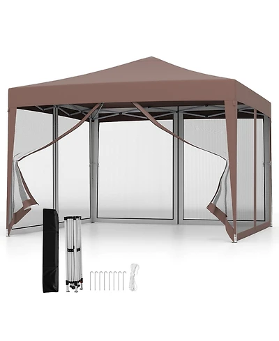 Gymax 10 Ft x Pop-Up Canopy Tent w/ Mesh Netting Carry Bag 8 Stakes and 4 Ropes Outdoor