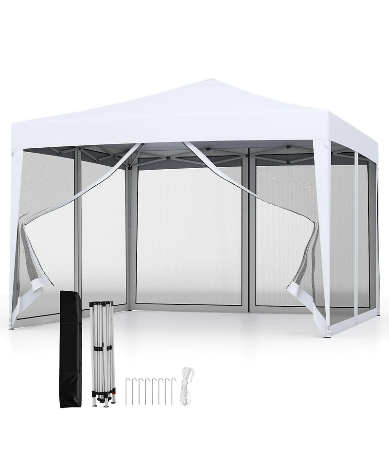 Gymax 10 Ft x 10 Ft Pop-Up Canopy Tent w/ Mesh Netting Carry Bag 8 Stakes and 4 Ropes Outdoor