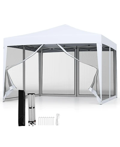 Gymax 10 Ft x 10 Ft Pop-Up Canopy Tent w/ Mesh Netting Carry Bag 8 Stakes and 4 Ropes Outdoor