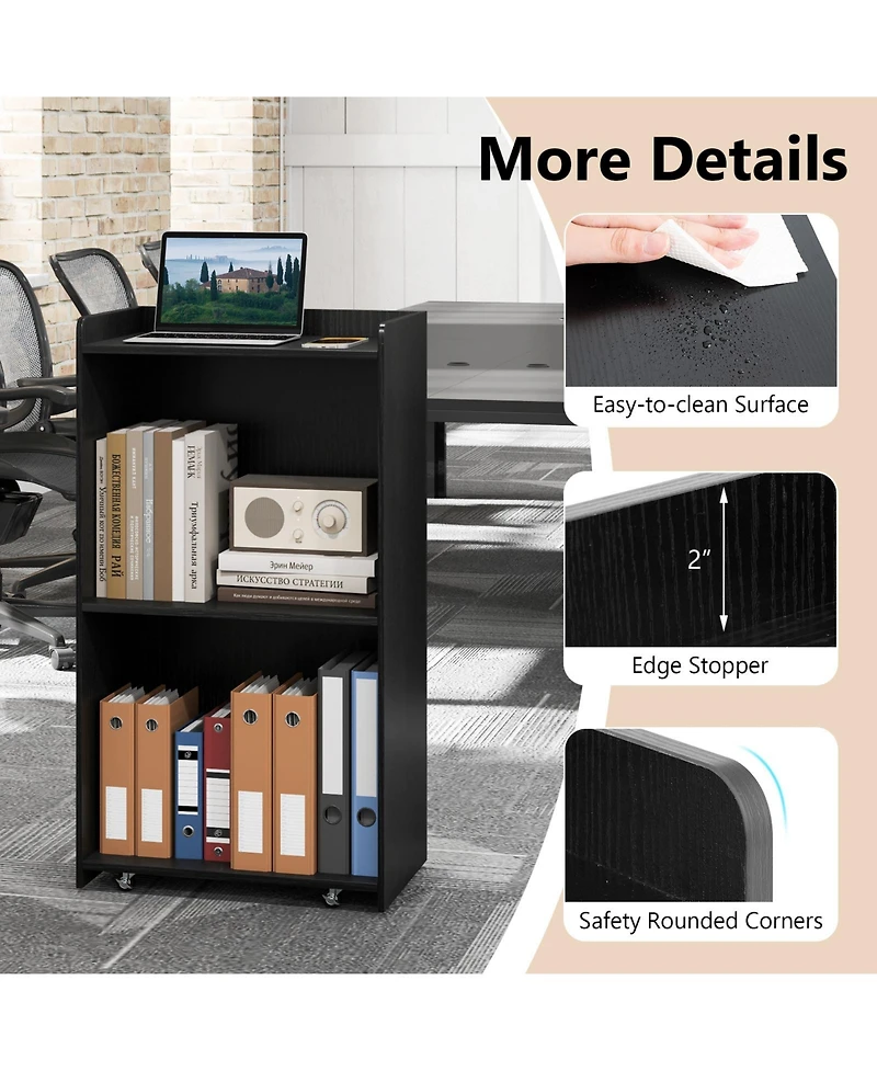 Sugift Rolling Podium Stand with 2 Shelves and Lockable Wheels