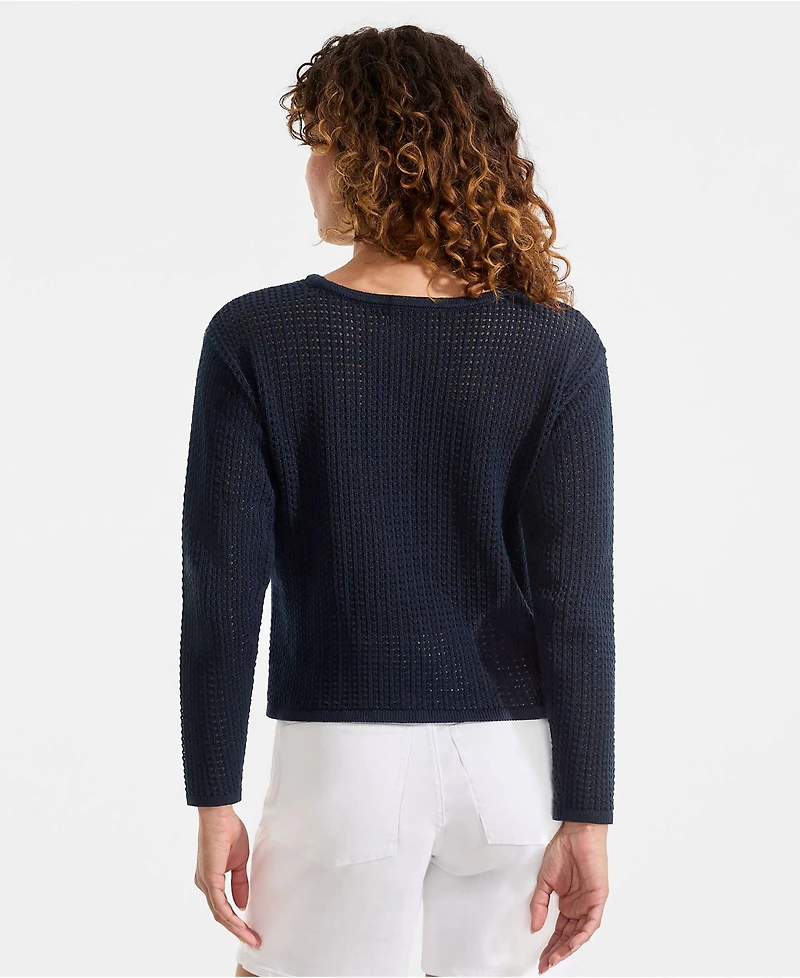 Lands' End Women's Cotton Viscose Mesh Jacquard Crew Neck Sweater
