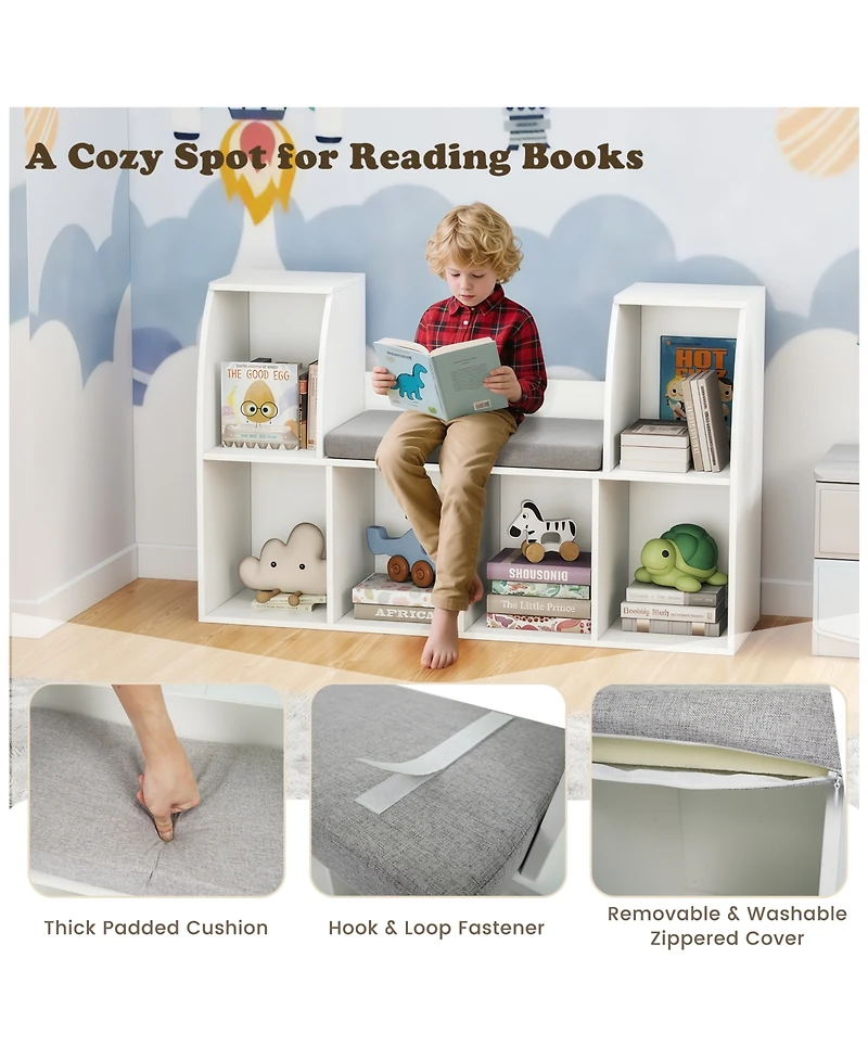Slickblue 40 Inch Kids Bookshelf with Reading Nook and 6 Open Cubes