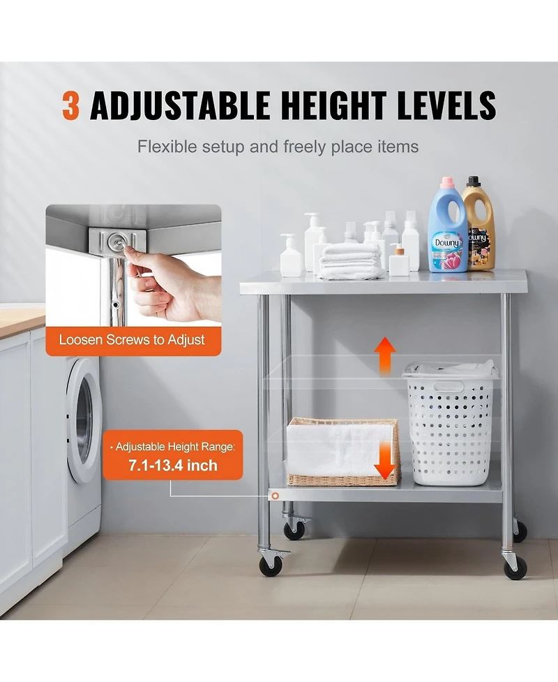 Gouun Stainless Steel Rolling Work Table 24 x 36 x 38 in with 4 Casters