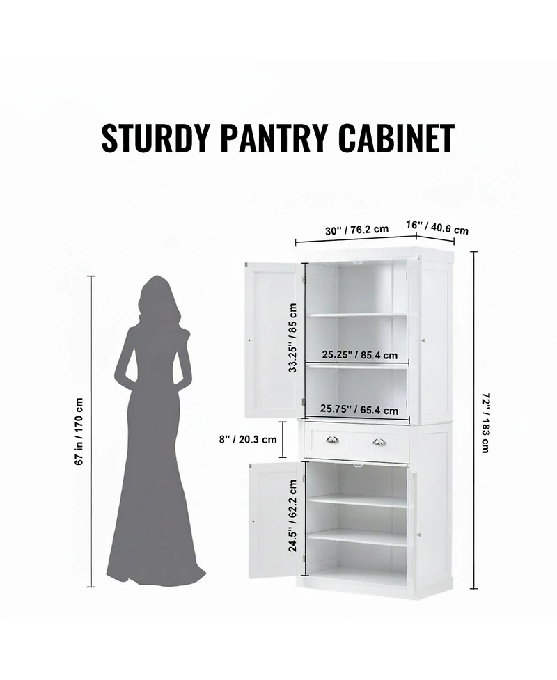 Gouun 72 in Tall Freestanding Kitchen Pantry Storage Cabinet with Adjustable Shelves
