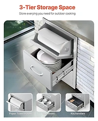 Gouun Stainless Steel Triple Access Outdoor Kitchen Drawers 16.5 x 29 x 20.5 in, Flush Mount Bbq Island