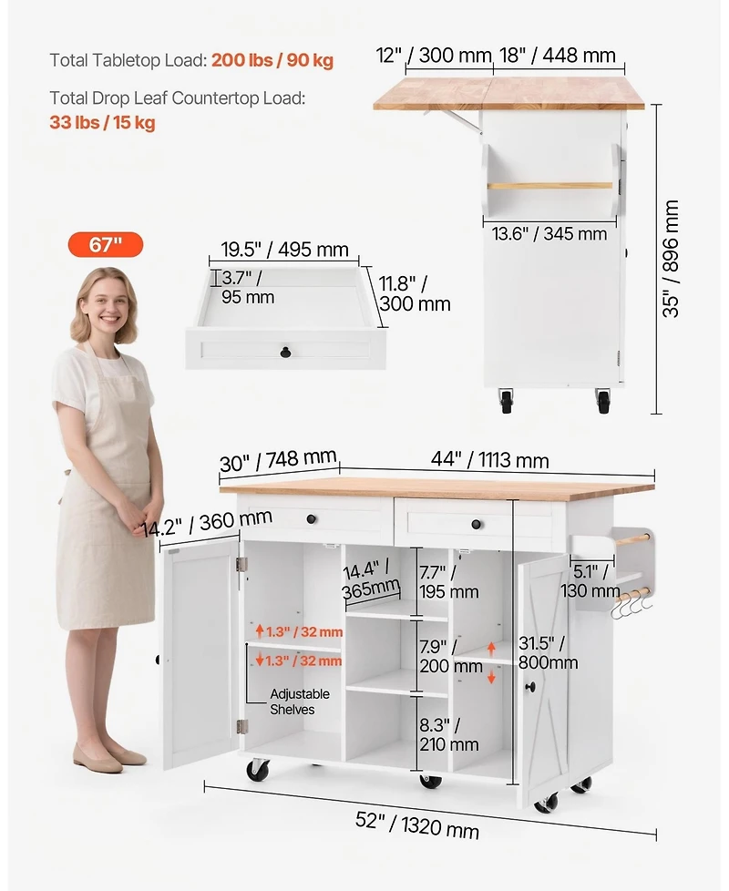 Gouun 52 in Rolling Kitchen Island Cart with Solid Wood Top and Storage Cabinet, Drop Leaf