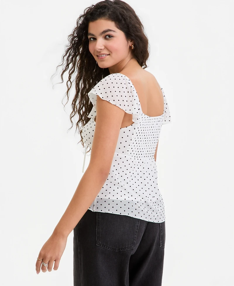 Ultra Flirt Juniors' Flutter-Sleeve Tie-Neck Top