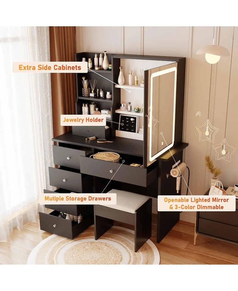 Dyhome Vanity Desk with Sliding Mirror and Led Lights & Charging Station