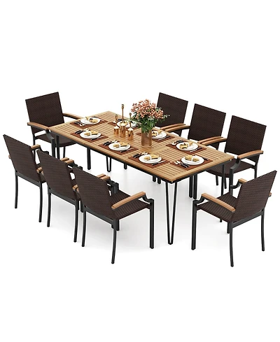 Gymax Set of 9 Patio Dining Set w/79'' Rectangular Dining Table and 8 Stackable Rattan Chairs