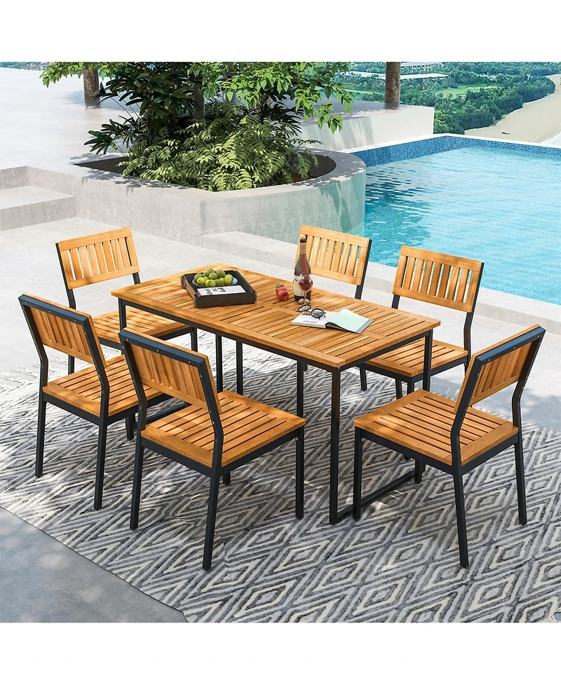 Gymax 7 Pcs Outdoor Dining Set for 6 Acacia Wood Rectangular Table and 6 Armless Chairs