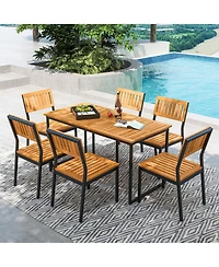Gymax 7 Pcs Outdoor Dining Set for 6 Acacia Wood Rectangular Table and 6 Armless Chairs