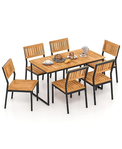 Gymax 7 Pcs Outdoor Dining Set for 6 Acacia Wood Rectangular Table and 6 Armless Chairs