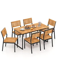 Gymax 7 Pcs Outdoor Dining Set for 6 Acacia Wood Rectangular Table and 6 Armless Chairs