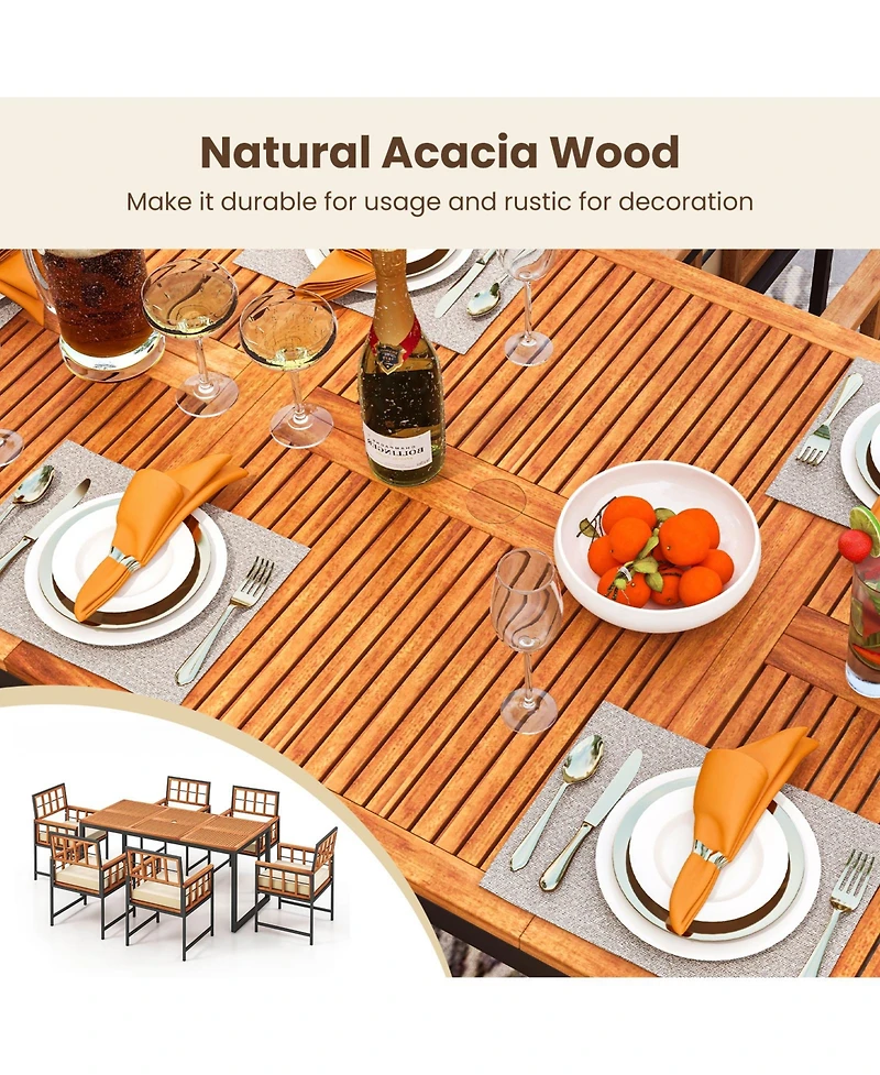 Gymax 7PCS Dining Set Outdoor Acacia Wood Table w/ Soft Cushions Umbrella Hole Patio