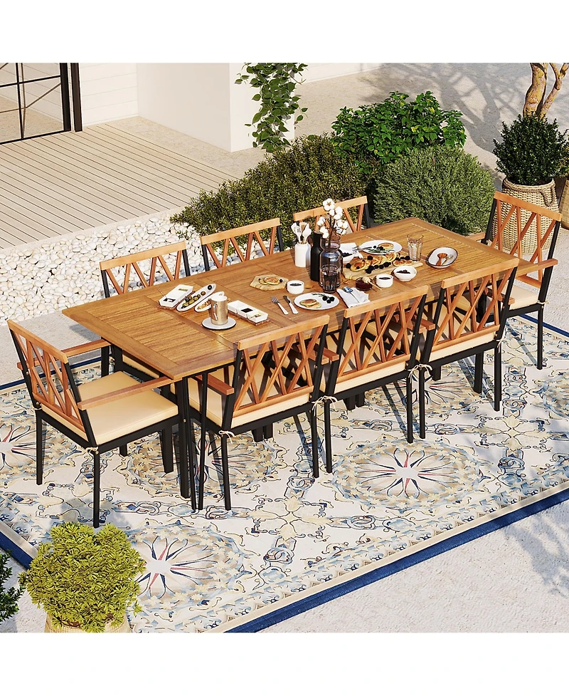 Gymax 9 Pcs Patio Dining Set w/ 8 Chairs Acacia Wood Table Top Umbrella Hole for Yard