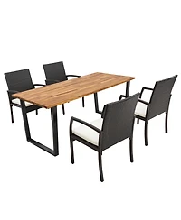 Gymax 5PCS Rattan Dining Set Acacia Wood Table 4 Wicker Chairs w/ Umbrella Hole Patio
