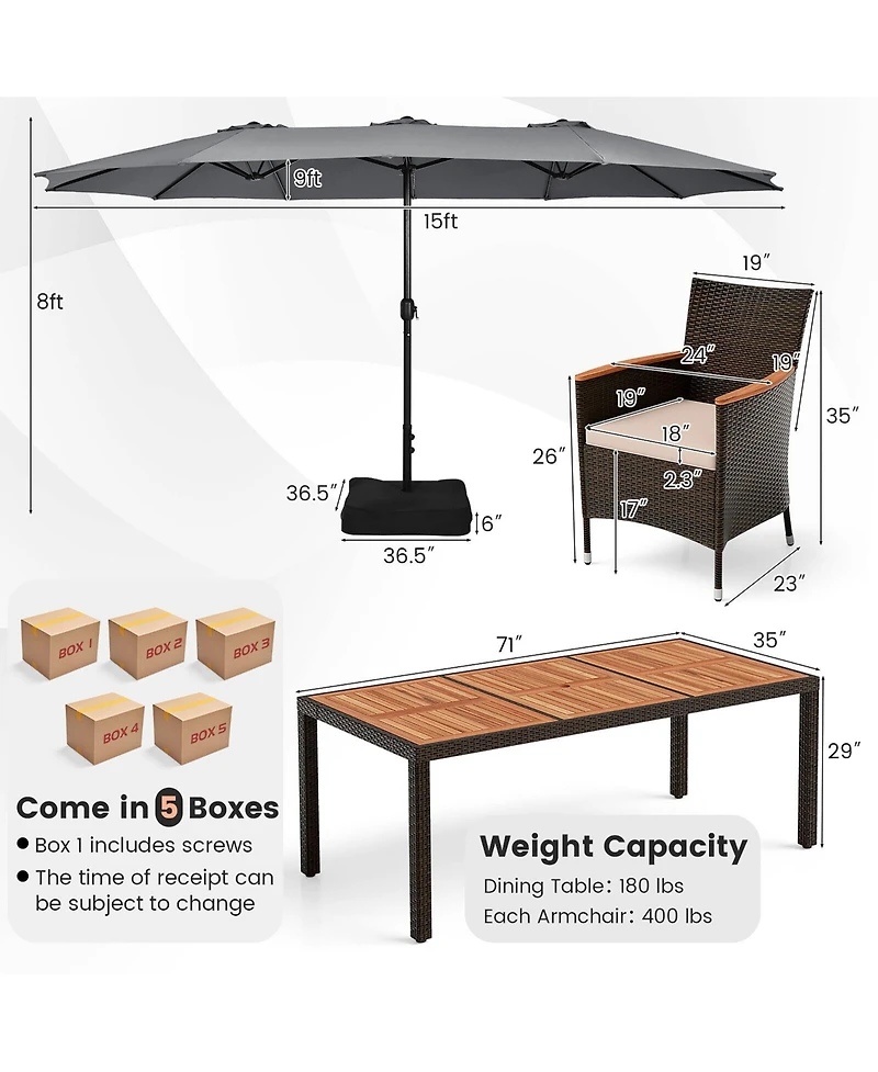 Gymax 9 Piece Patio Wicker Dining Set w/ Double-Sided Patio Grey Umbrella Stackable Chairs
