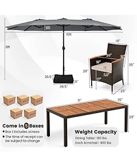 Gymax 9 Piece Patio Wicker Dining Set w/ Double-Sided Patio Grey Umbrella Stackable Chairs