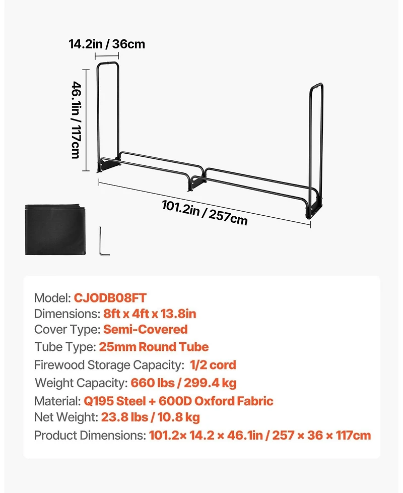 Gouun 8 feet Firewood Rack with Waterproof Cover Half Cord Outdoor Log Holder