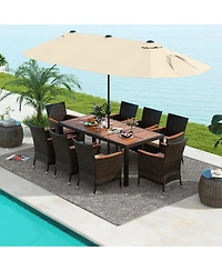 Gymax 9 Piece Patio Wicker Dining Set w/ Double-Sided Patio Beige Umbrella Stackable Chairs