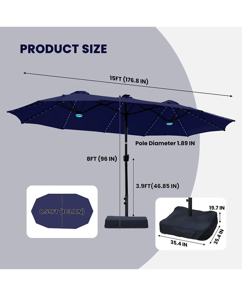 Mondawe 15ft Double-Sided Solar Rgb Led Patio Umbrella with Base, Dual Charging