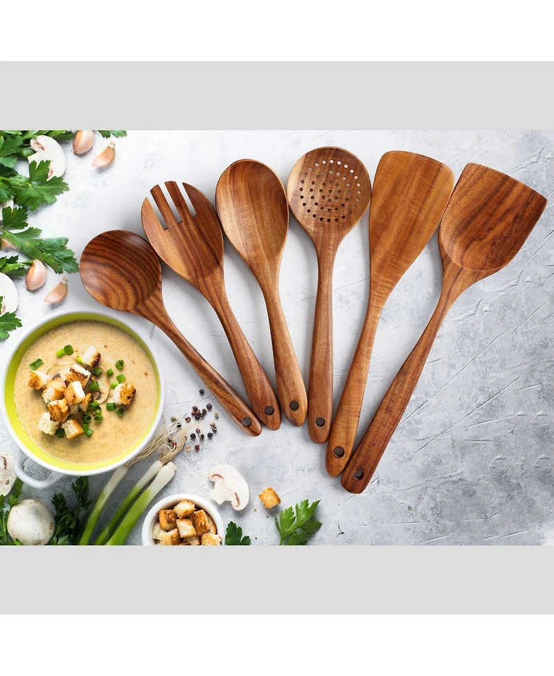 6-Piece Natural Teak Wooden Utensils for Cooking