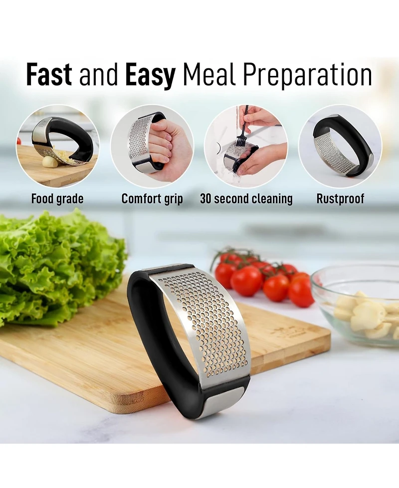 Stainless Steel Garlic Press Rocker Set - Premium Mincer Crusher with Peeler and Scraper