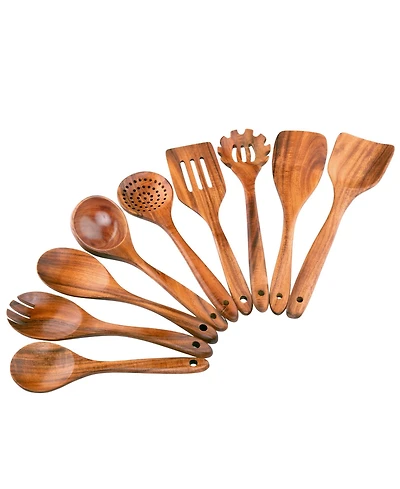 9-Piece Natural Teak Wooden Utensils for Cooking