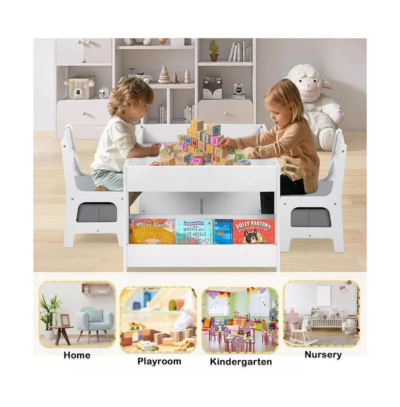 Kinder King 3-in-1 Kids Activity Table and 2 Chairs Set with Storage, Removable Top and Chalkboard