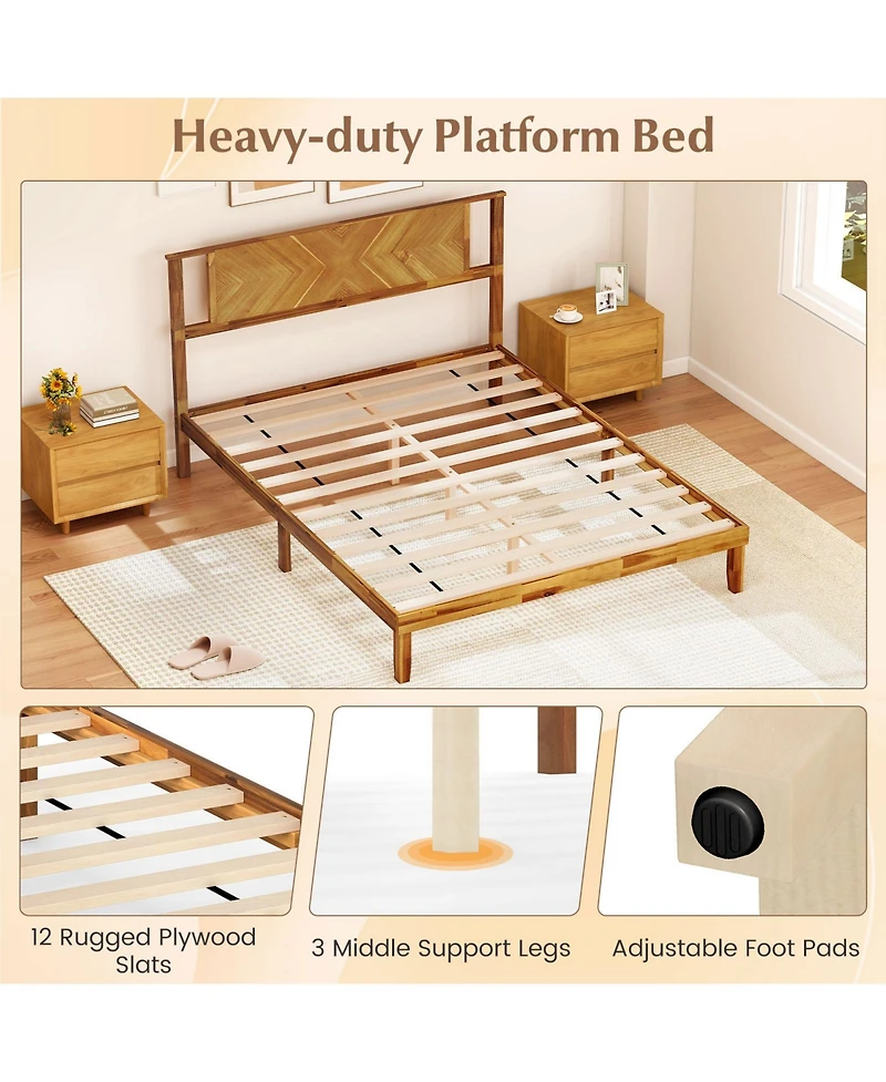 Gouun Bed Frame Mid-Century Acacia Wood Platform Bed with Headboard