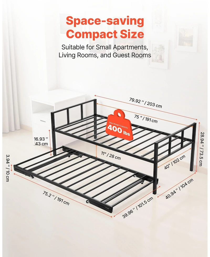 Gouun Daybed with Trundle Metal Bed Frame for Guest Rooms