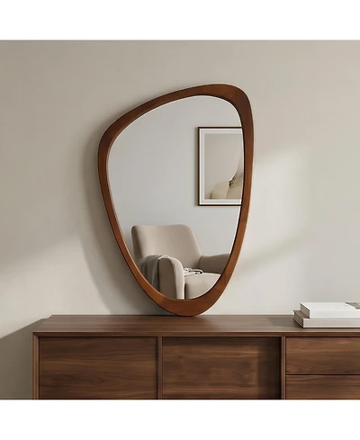 Busdays Walnut Wood Color 24"x36" Irregular Solid Wood Frame Decorative Mirror,For Bedroom, Bathroom, Living Room, Entryway