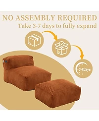 Rainsken Corduroy Bean Bag Chair with Ottoman, Large Beanbag with Side Pockets & Memory Foam for Living Room Lounge