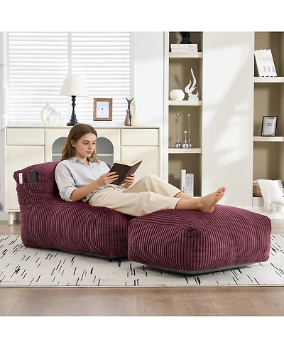 Rainsken Big Corduroy Bean Bag Chair with Footstool, Memory Foam Filled Floor Chair with Side Pockets for Living Room