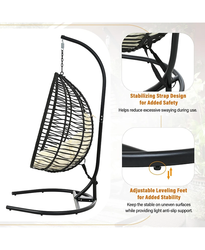 Rainsken Hanging Hammock Chair, Foldable Rattan Egg Swing Chair with Iron Frame, Plush Cushion and Removable Headrest for Indoor Outdoor