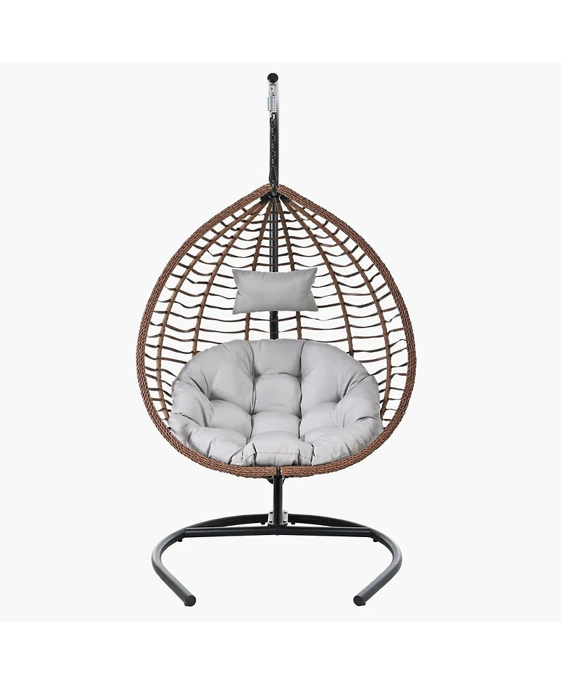 Rainsken Hanging Rattan Egg Swing Chair, Foldable Hammock Chair with Iron Frame, Comfortable Cushion and Removable Headrest for Balcony
